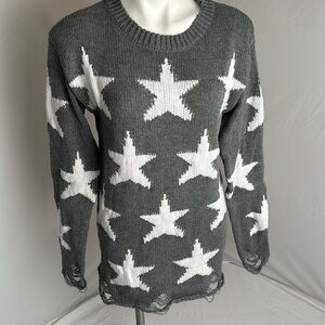 Eselena gray distressed white star long sleeve crew neck sweater S